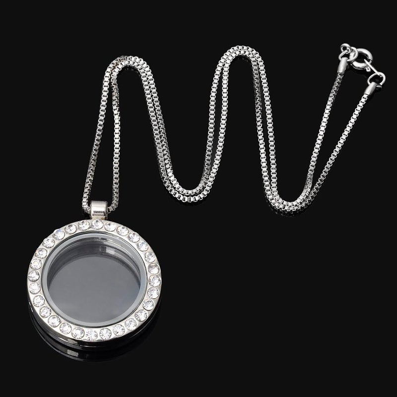 RUBYCA Living Memory Floating Charm Round Glass Locket Pendant Necklace 20 Inches 5pcs Silver Tone White Crystal - Image 3